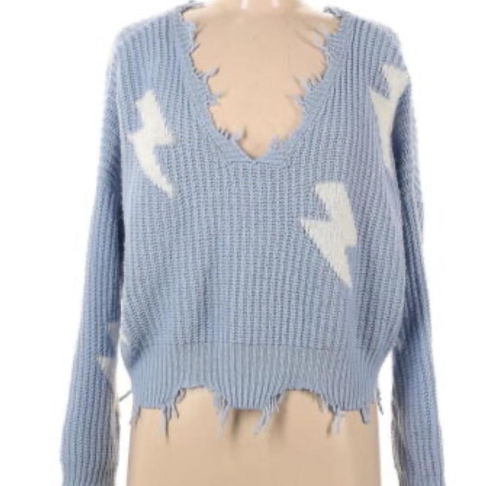 🩵🤍Blue and White Distressed lightening bolt Sweater REVERSIBLE - NEW W TAG